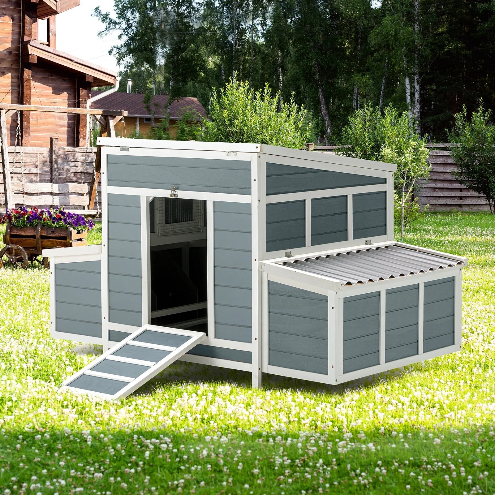 AECOJOY 56 Large Chicken Coop with 6 Nesting Boxes Wooden Hen House Outdoor Chicken Cage Poultry Hutch w/Ramps, Removable Tray for Easy Cleaning