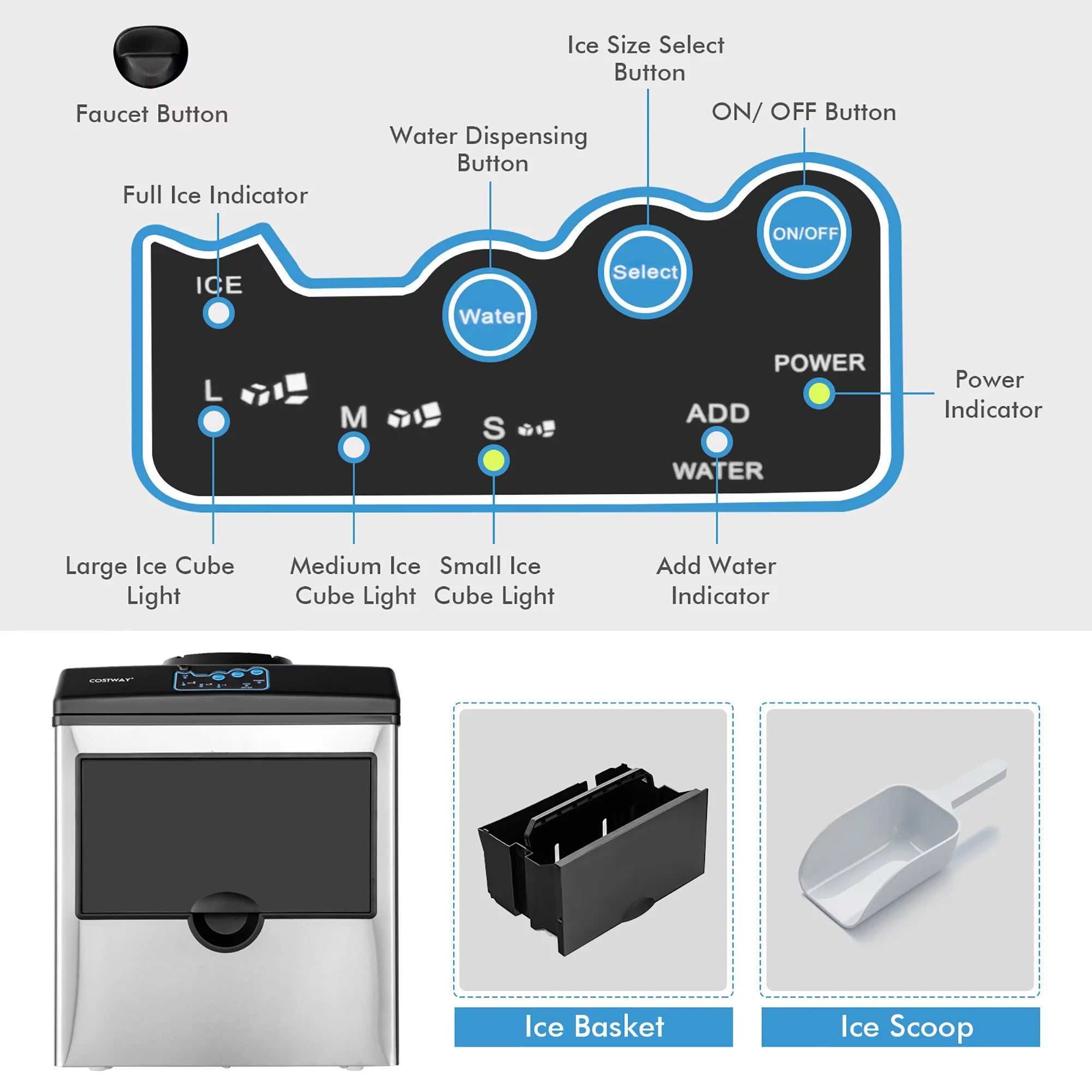 Costway 2-in-1 Stainless Steel Countertop Ice Maker Water Dispenser 48Lbs/24H w/ Scoop