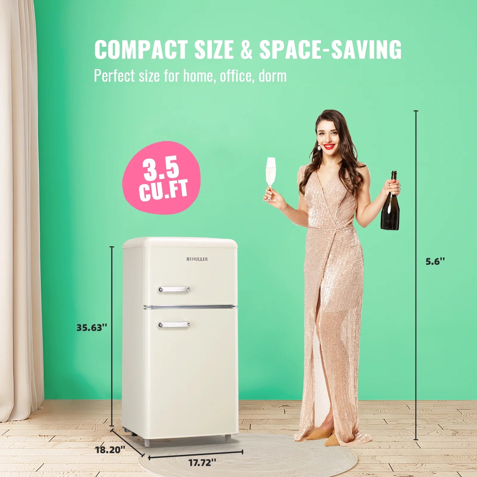 DEMULLER 3.5 CU.FT Mini Fridge 2 Door Compact Refrigerator  7 Adjustable Temperature Control White