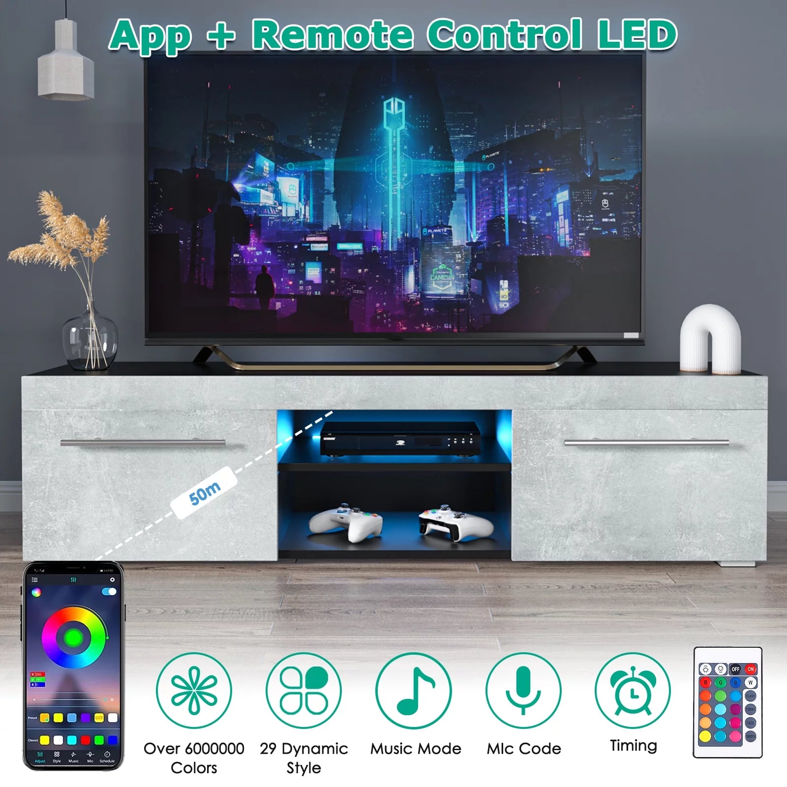 Hommpa Gray White High Gloss TV Stand for TVs up to 59 LED Entertainment Center Modern TV Cabinet with 2 Storage Drawers