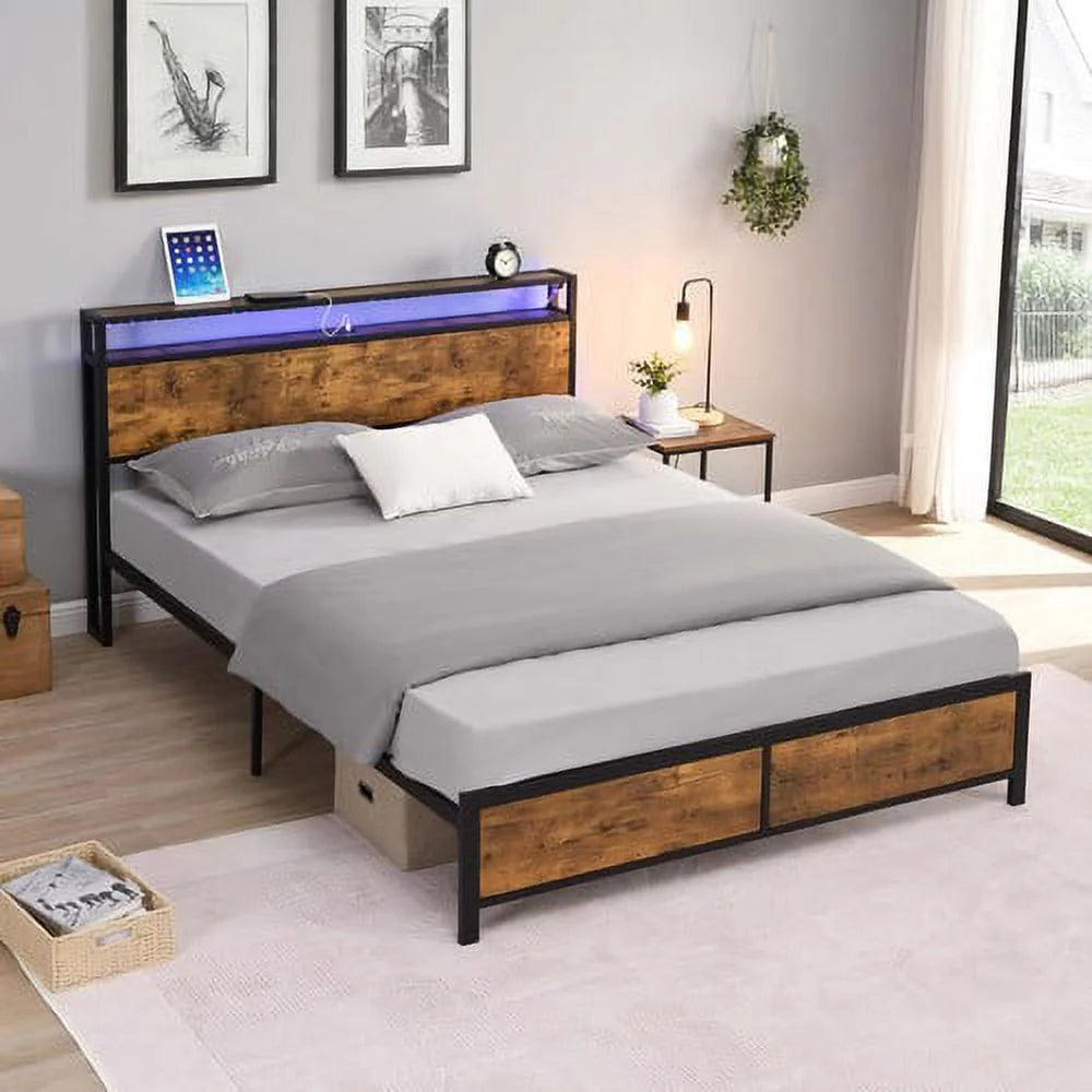 Full Bed Frame with LED Lights,Full Size Bed Frame with Headboard Storage,Platform Bed Frame with Outlets and 2 USB Ports,Metal Bed Frame with Storage,Noise Free,No Box Spring Needed,Antique Brown