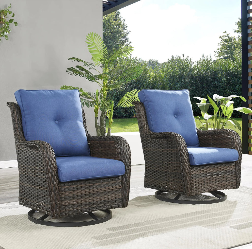PARKWELL 3-Piece Outdoor Swivel Gliders with Side Table - Patio Wicker Bistro Furniture Set for Porch Deck Backyard - Blue Cushioned Swivel Rocking Chairs in Brown Wicker