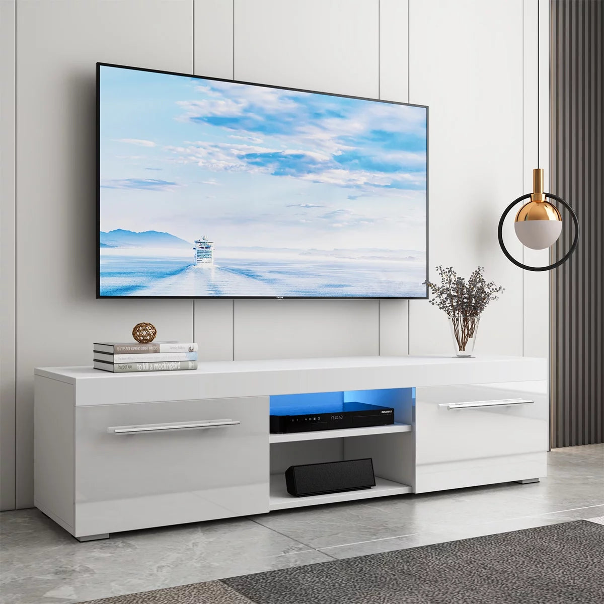 Hommpa Gray White High Gloss TV Stand for TVs up to 59 LED Entertainment Center Modern TV Cabinet with 2 Storage Drawers