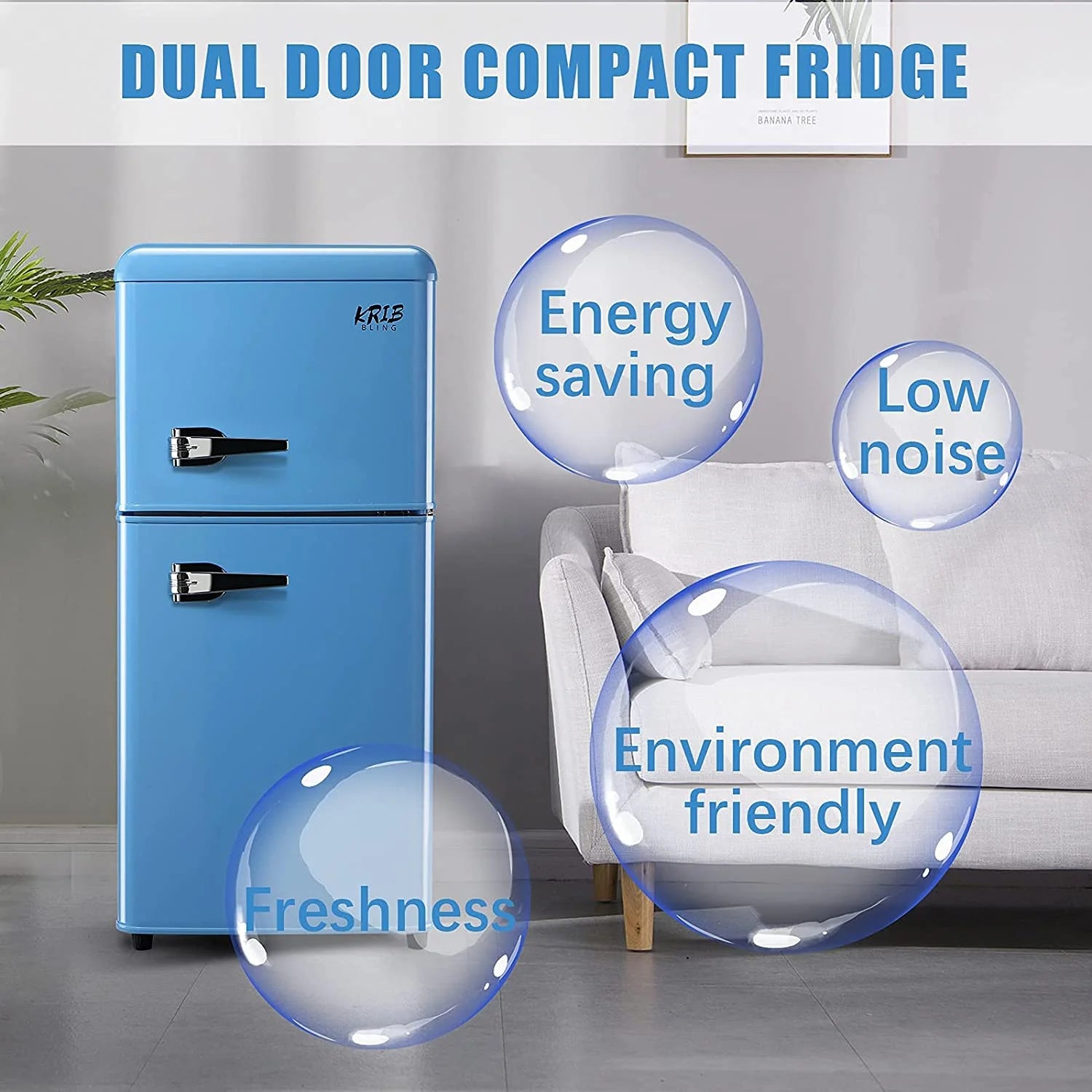 Krib Bling 3.5 cu.ft Compact Refrigerator, Retro Mini Fridge with Freezer, Small Drink Chiller with 2 Door, Blue