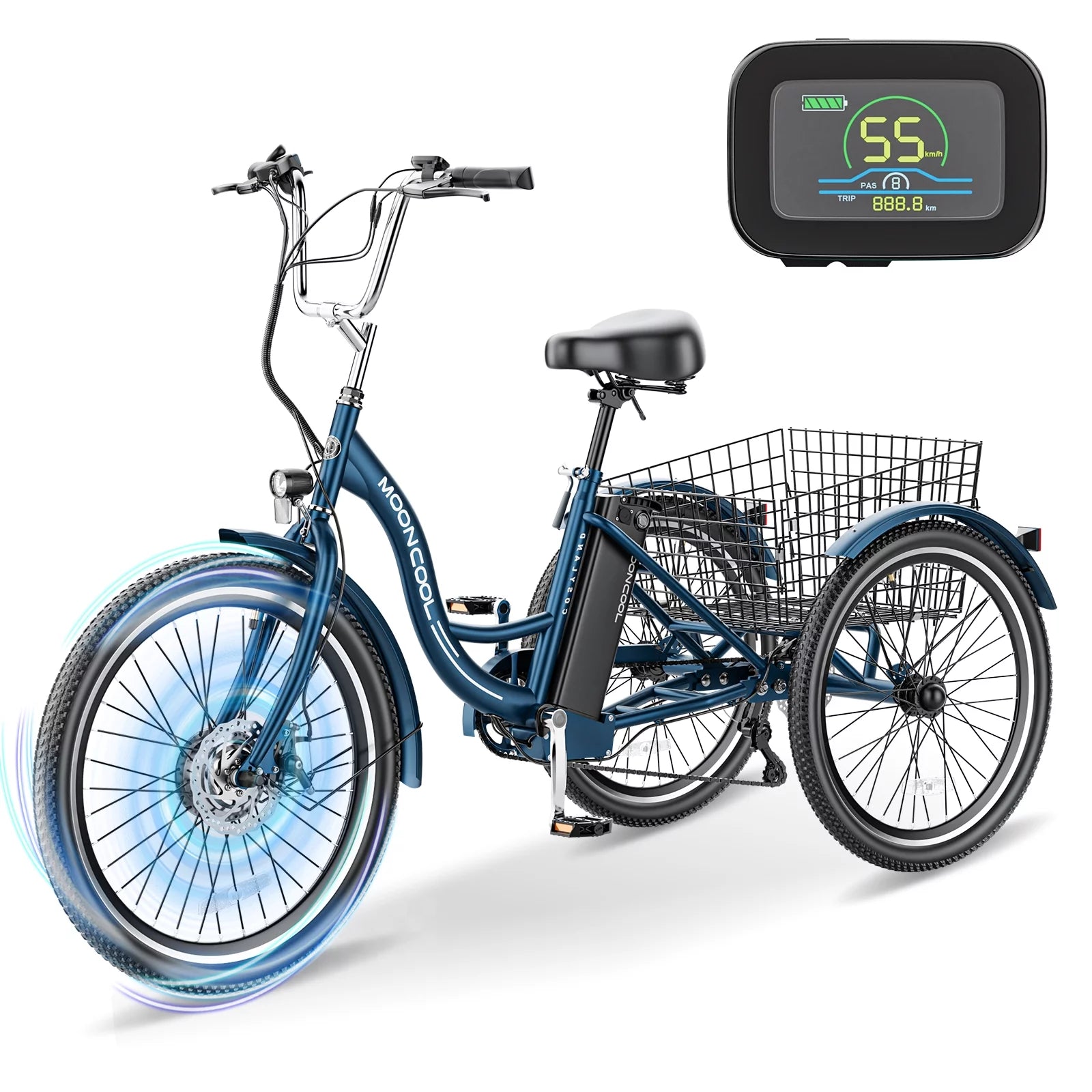 Mooncool 24" 26" 3 Wheel Electric Tricycle for Adults, 350W 36V 7 Speeds Motorized Electric Trike Three Wheel Electric Bikes Bicycle with Large Basket & Accessories for Women Men