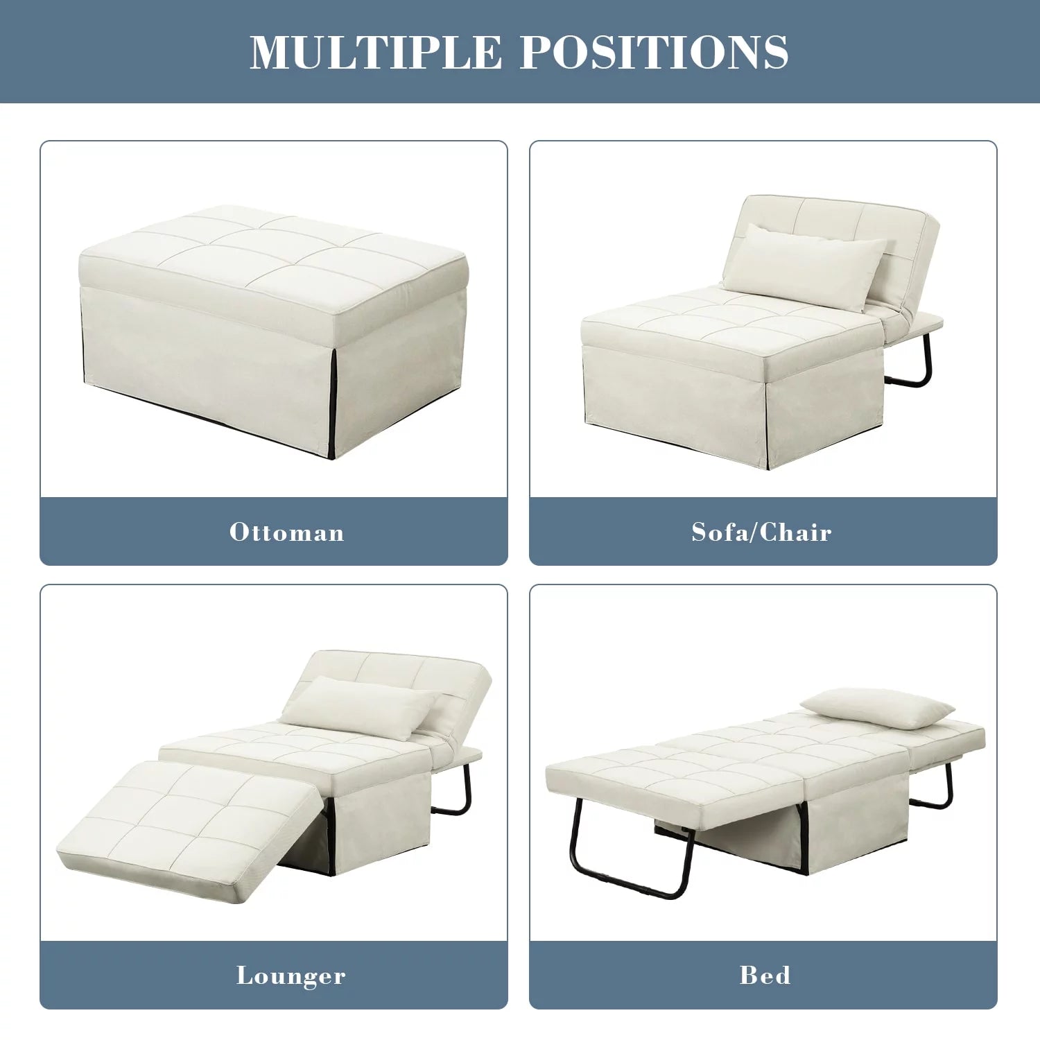 Ainfox Ottoman Chair Lounger Bed .4 in 1 Breathable Linen Convertible Single Sofa Couch, 73.23''L x 33.86''W(Dark Blue)