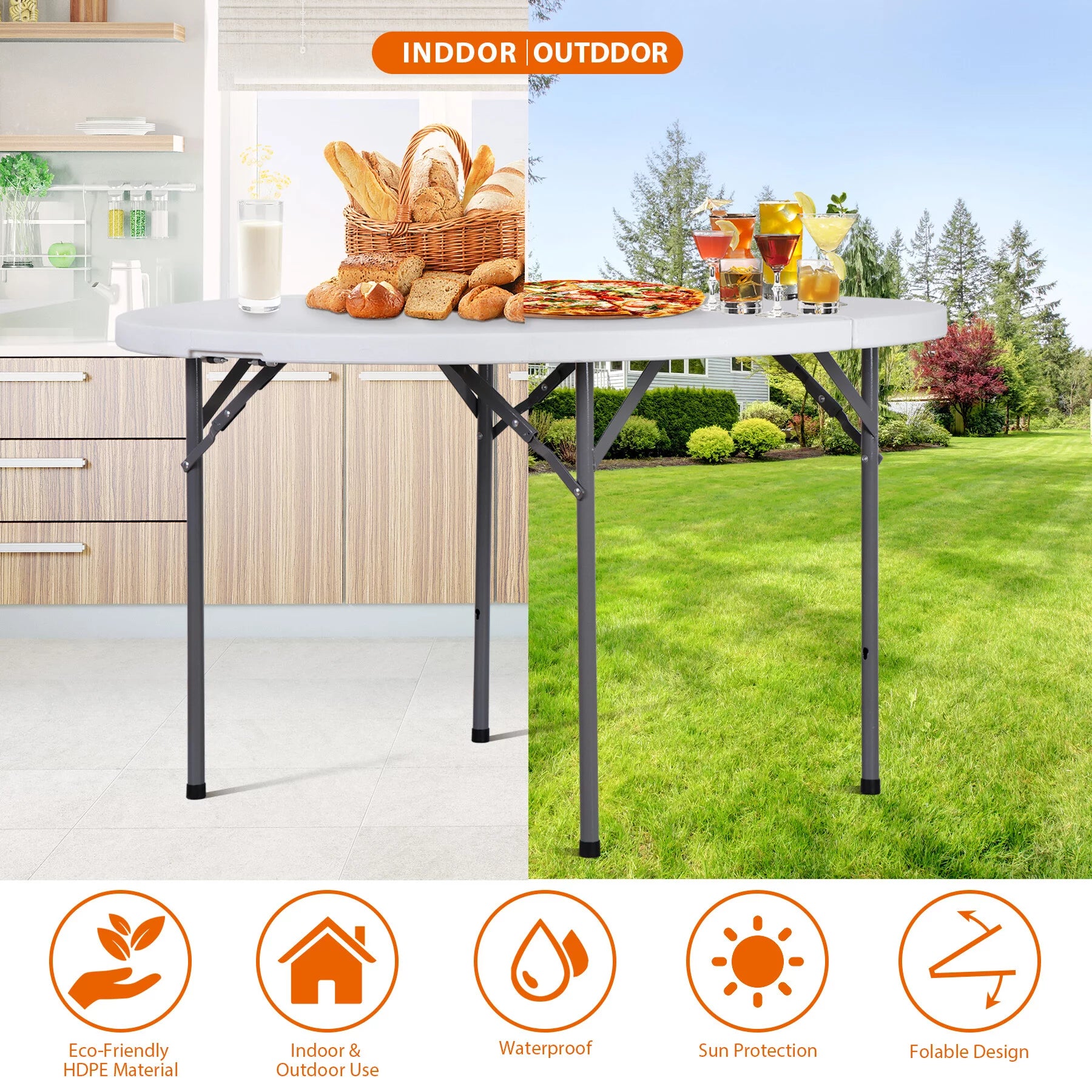 HomGarden 48" Round Bi-Folding Picnic Table 4FT Portable Plastic Dining Card Table Indoor & Outdoor White