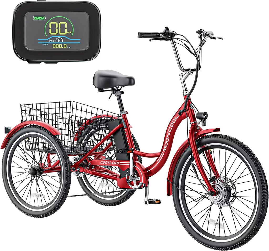 Mooncool 24" 26" 3 Wheel Electric Tricycle for Adults, 350W 36V 7 Speeds Motorized Electric Trike Three Wheel Electric Bikes Bicycle with Large Basket & Accessories for Women Men