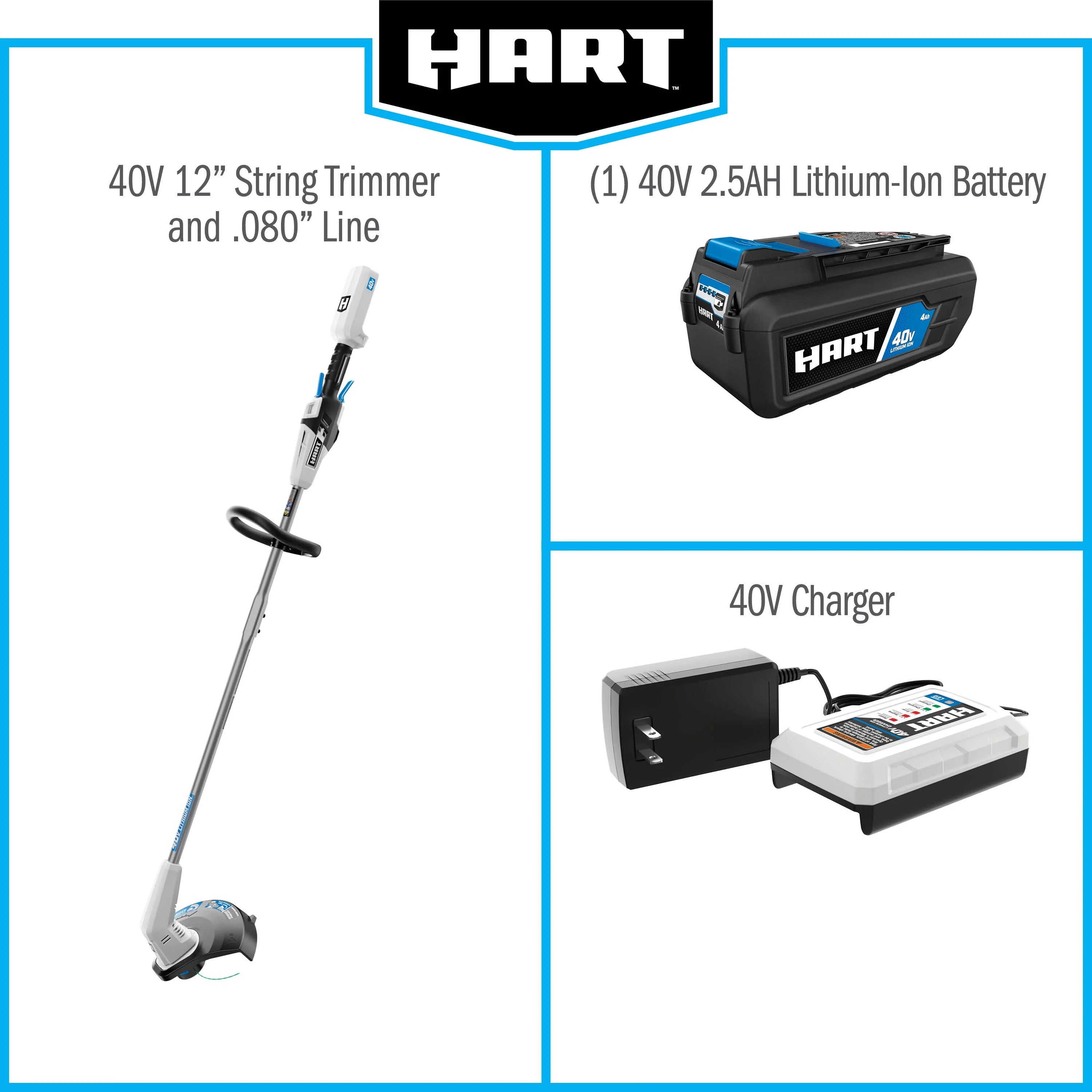 HART 40-Volt 12-inch Cordless String Trimmer Kit, (1) 2.5Ah Lithium-Ion Battery