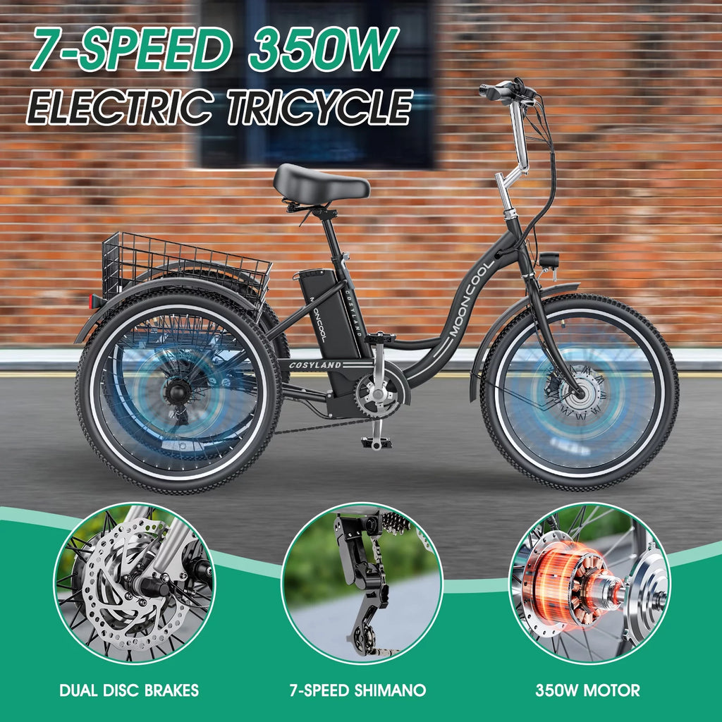 Mooncool 24" 26" 3 Wheel Electric Tricycle for Adults, 350W 36V 7 Speeds Motorized Electric Trike Three Wheel Electric Bikes Bicycle with Large Basket & Accessories for Women Men