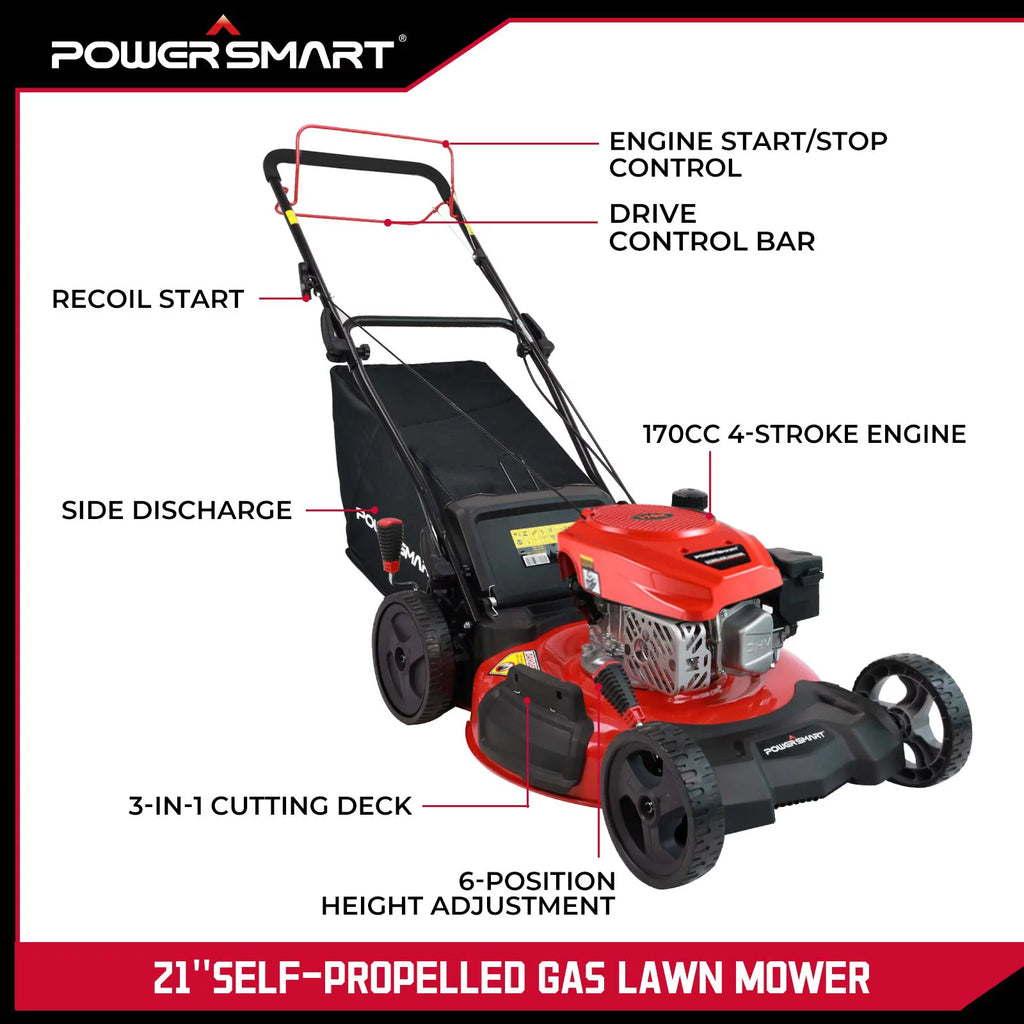 Power Smart 21-inch 3-in-1 Gas Powered Self-Propelled Lawn Mower