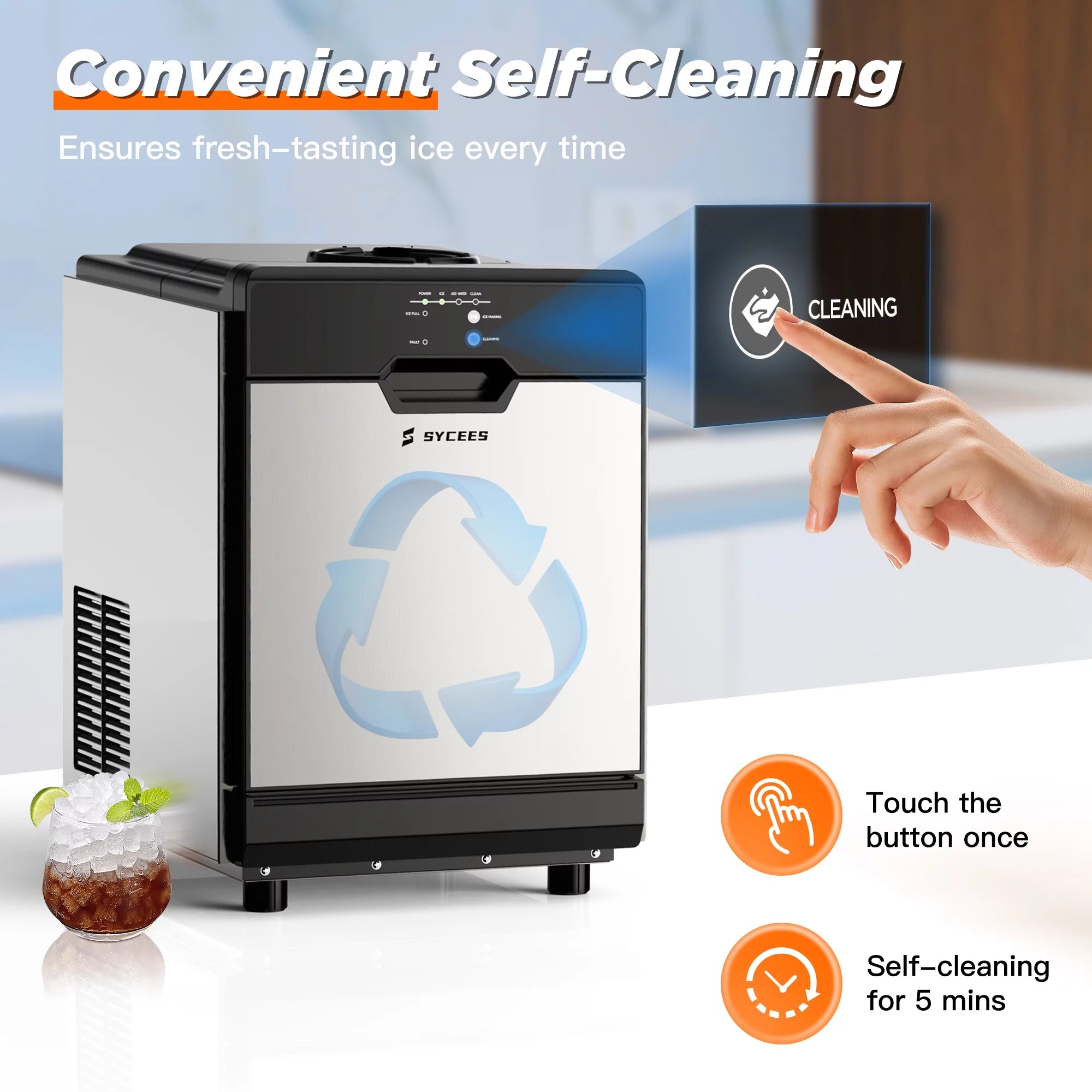 SYCEES Nugget Ice Maker Countertop, 55lbs/24h, 13lbs Storage, Sonic Ice Ready in 7 Mins, 2 Ways to Add Water, Self-Cleaning Pellet Ice Machine for Home, Office, Bar, Cafe, Restaurant, Commercial Use