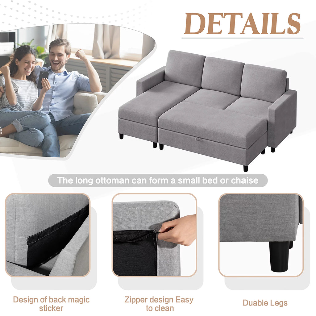 Walsunny Linen Fabric Convertible L-Shaped Sectional Sofa(Dark Gray)