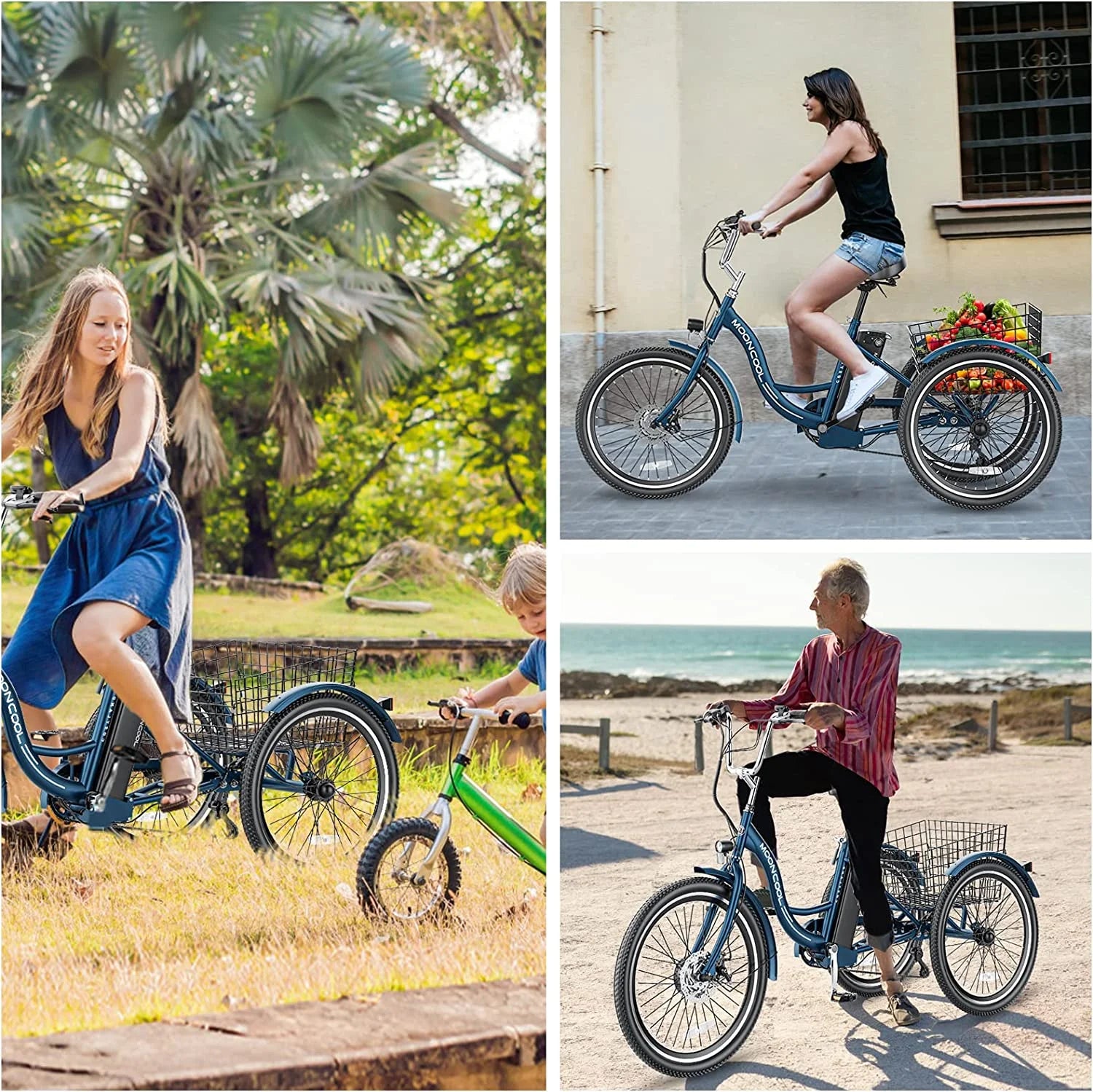 Mooncool 24" 26" 3 Wheel Electric Tricycle for Adults, 350W 36V 7 Speeds Motorized Electric Trike Three Wheel Electric Bikes Bicycle with Large Basket & Accessories for Women Men