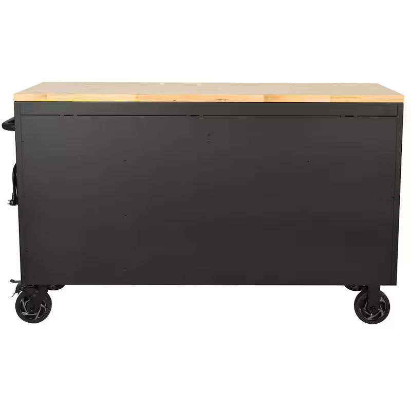61 in. W x 23 in. D Heavy Duty 15-Drawer Mobile Workbench Tool Chest with Solid Wood Top in Matte Black