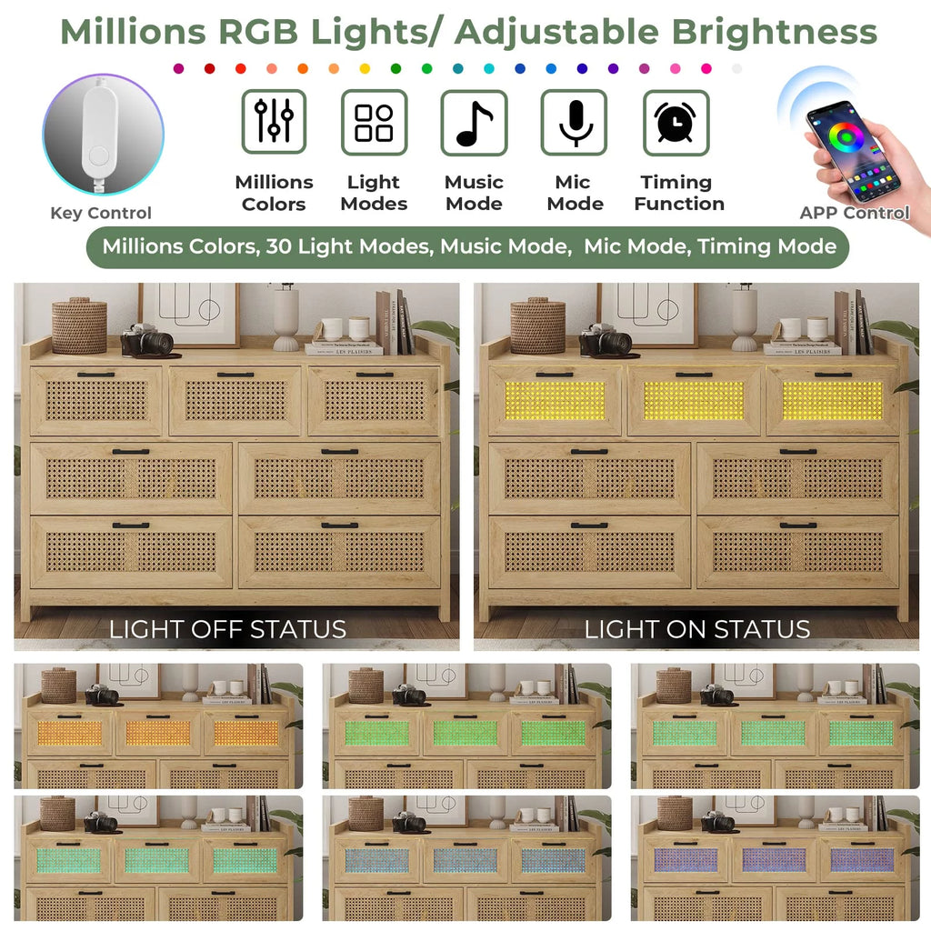 7 Drawer Dressers with LED Light, Natural Rattan Dresser for Bedroom, Hallway, Entryway