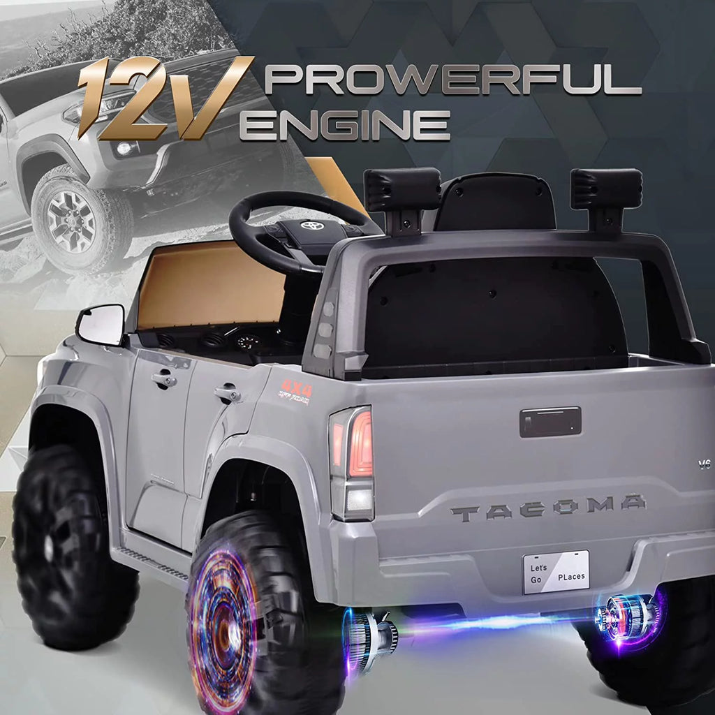 Blitzshark 12V Kids Ride on Car Licensed Toyota Tacoma Battery Powered Motorized Electric Vehicle, with Remote Control, Digital Display, Spring Suspension, Storage Space, Music & FM, Gray