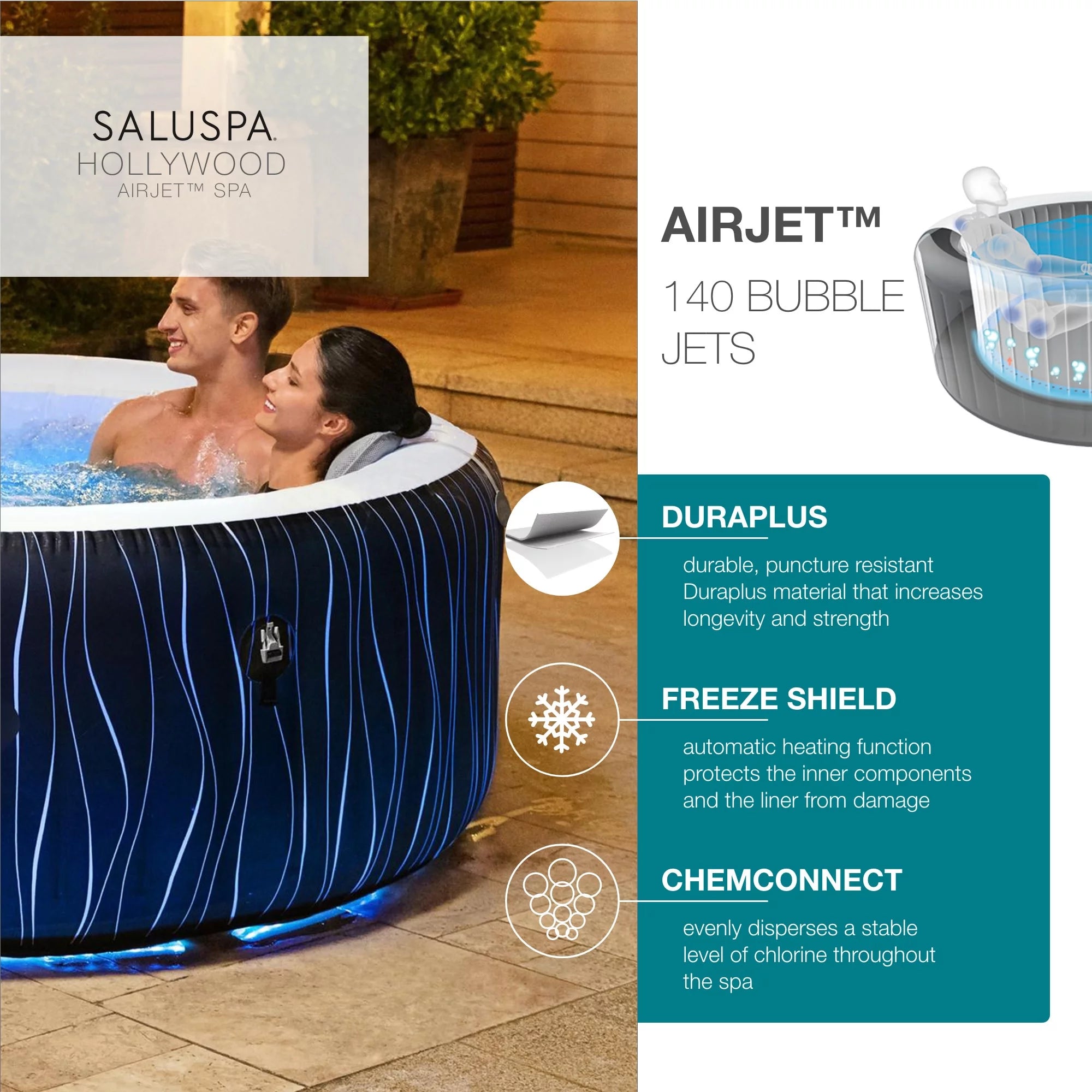 SaluSpa 77" x 26" Hollywood 240 Gal. Inflatable Hot Tub with LED Lights, 104?F Max Temperature