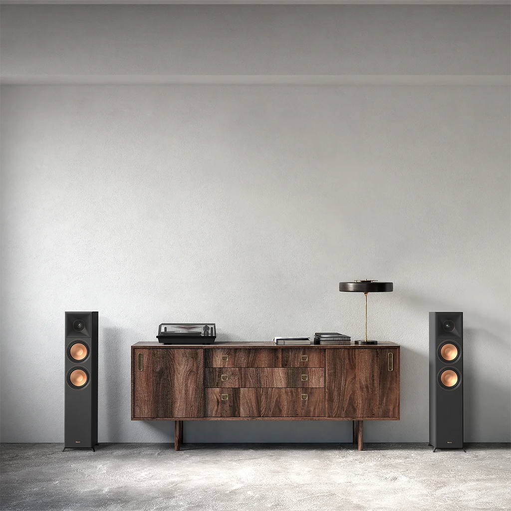 Klipsch RP-6000F II High-Fidelity Floorstanding Speaker (Pair) with Enhanced Bass Ebony Bundle with Deco Gear 100ft long 16 AWG Speaker Wire + High-Quality Brass Speaker Banana Plugs, 5-Pair