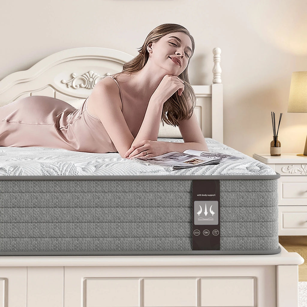 ANGFAN 12" Medium Firm Innerspring Mattress Full, Hybrid of Cooling Gel Infused Memory Foam and Pocket Spring Mattress in a Box, Full Size