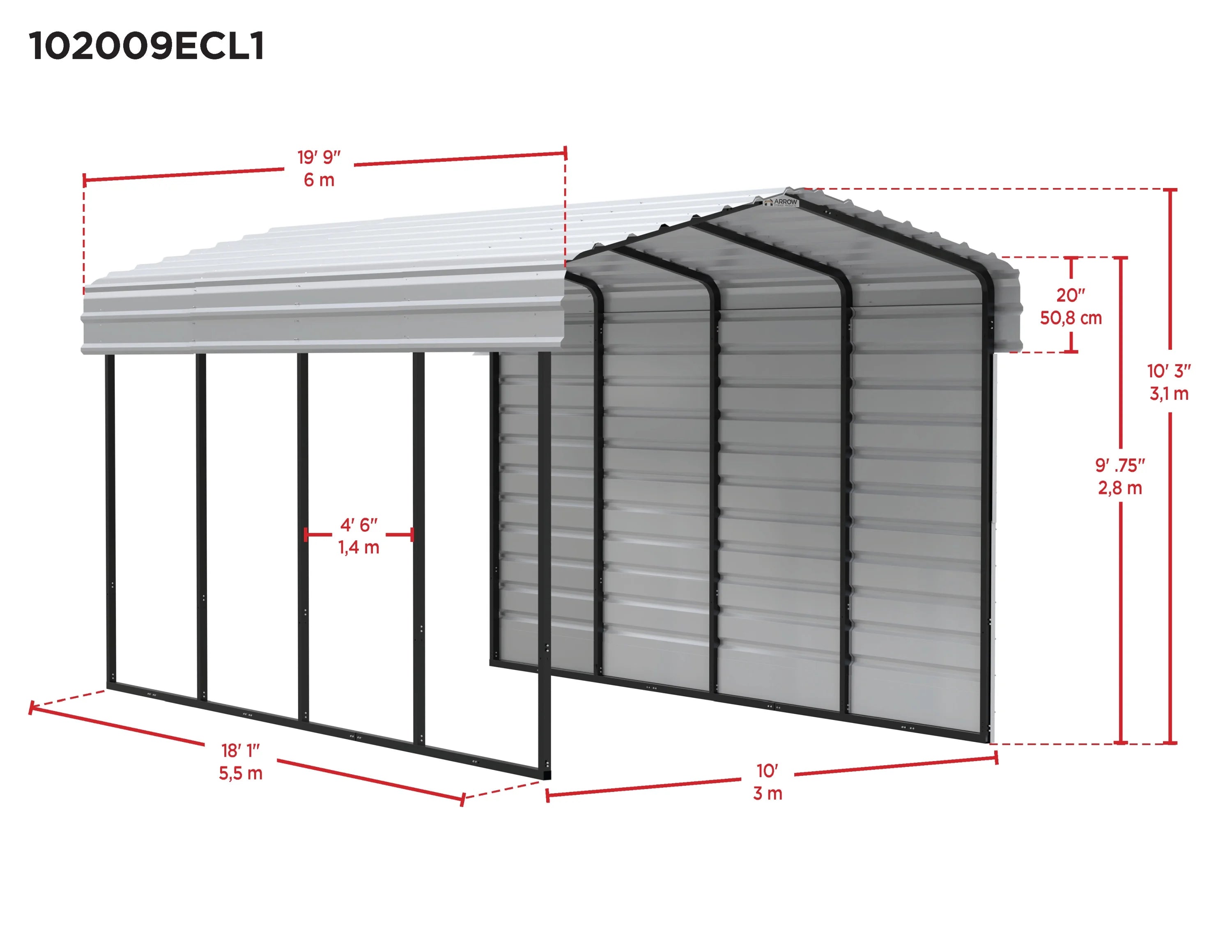 Arrow Carports Galvanized Steel Carport, with 1-Sided Enclosure, Compact Car Metal Carport Kit, 10' x 20' x 9' , Charcoal
