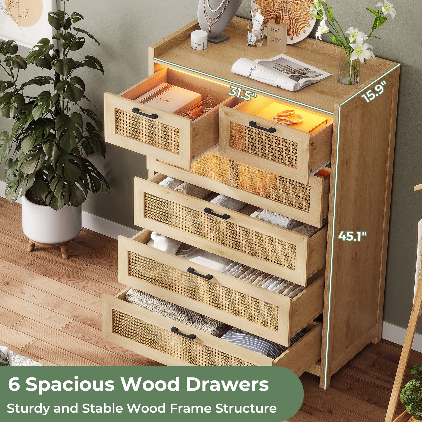 7 Drawer Dressers with LED Light, Natural Rattan Dresser for Bedroom, Hallway, Entryway