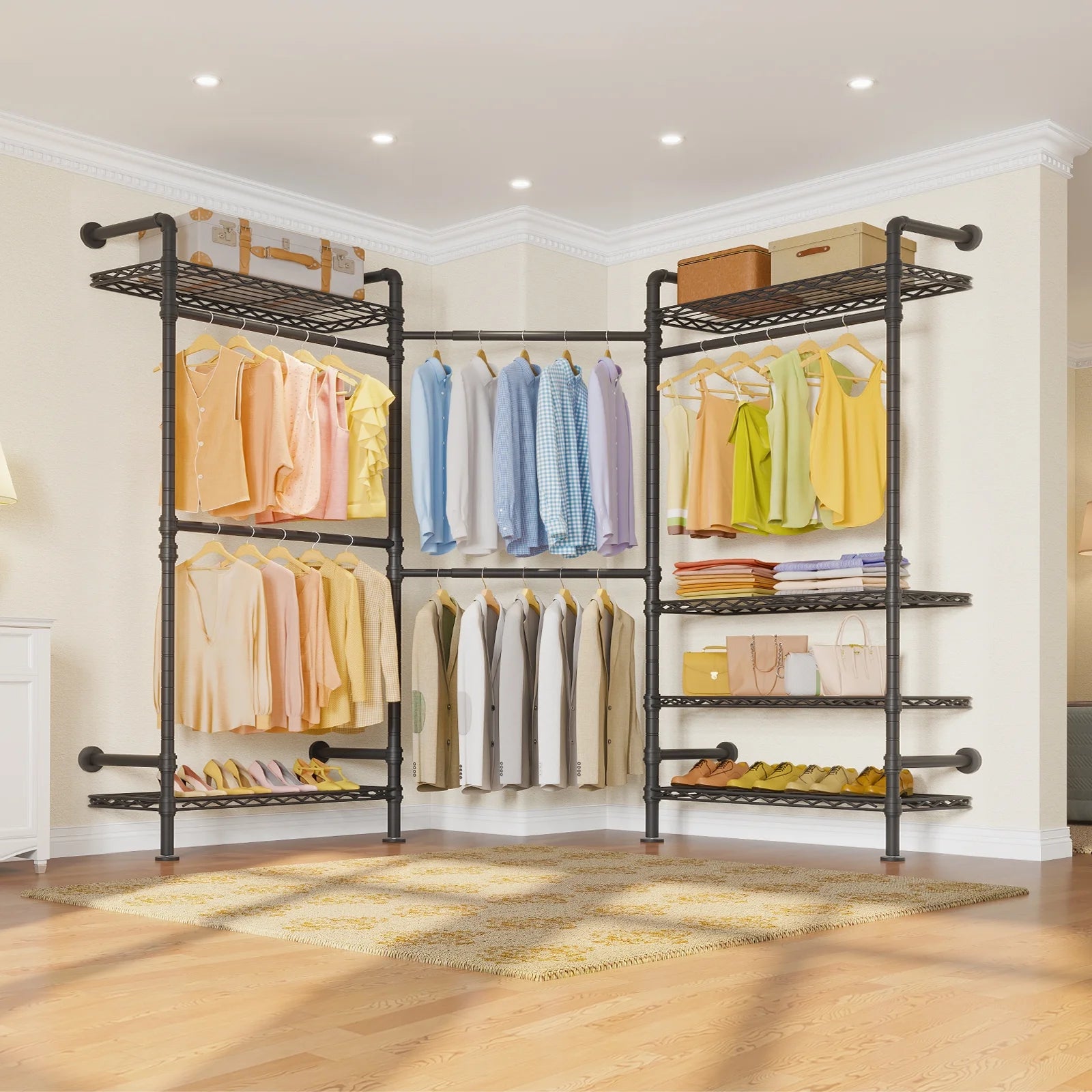 Timate L3 L Shape Garment Rack Heavy Duty Clothes Rack, Industrial Pipe Wall Mounted Clothing Rack Storage Closet Kit, Black