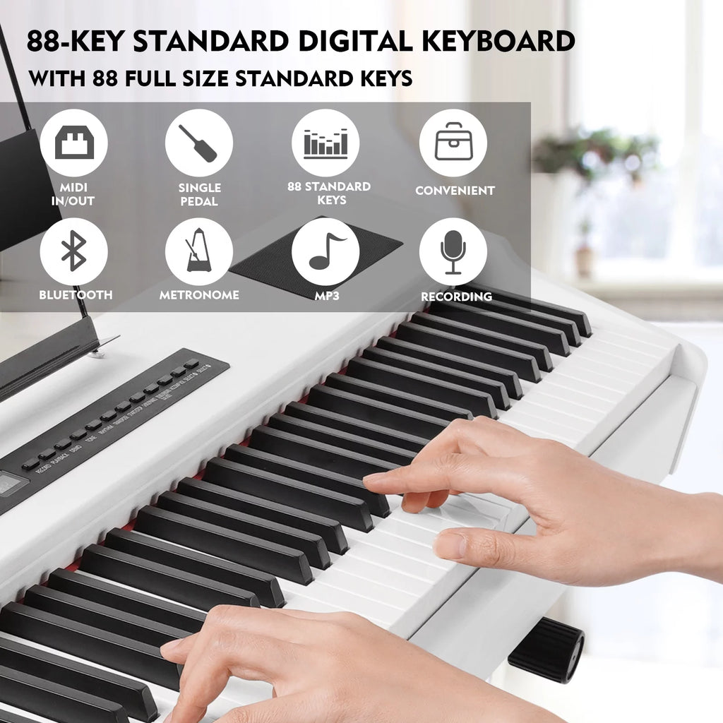 MUSTAR Weighted Digital Keyboard Piano 88 Keys Hammer Action with Stand, Bluetooth, Portable Case, Sustain Pedal (White)
