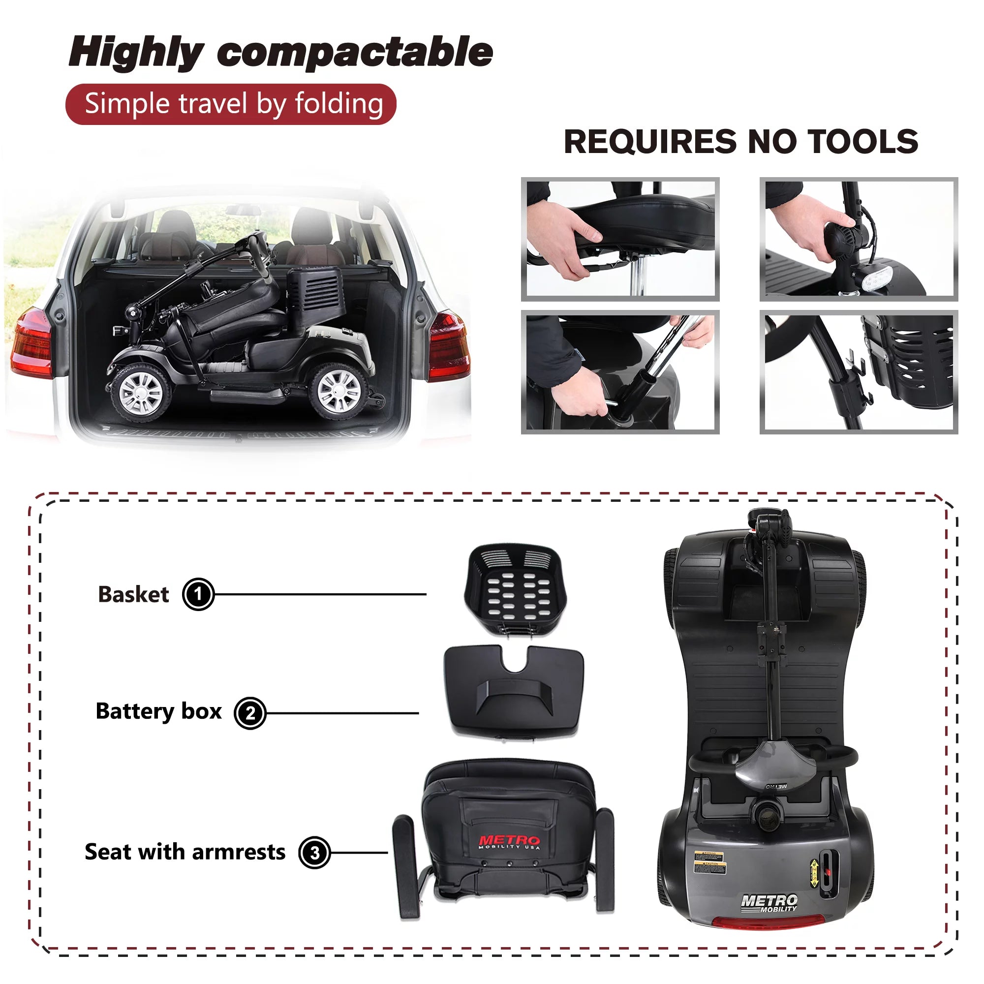 Long Range Foldable 4 Wheels Mobility Scooter with Basket & Headlight, Powered Mobility Scooters for Seniors and Adults, Metallic Gray