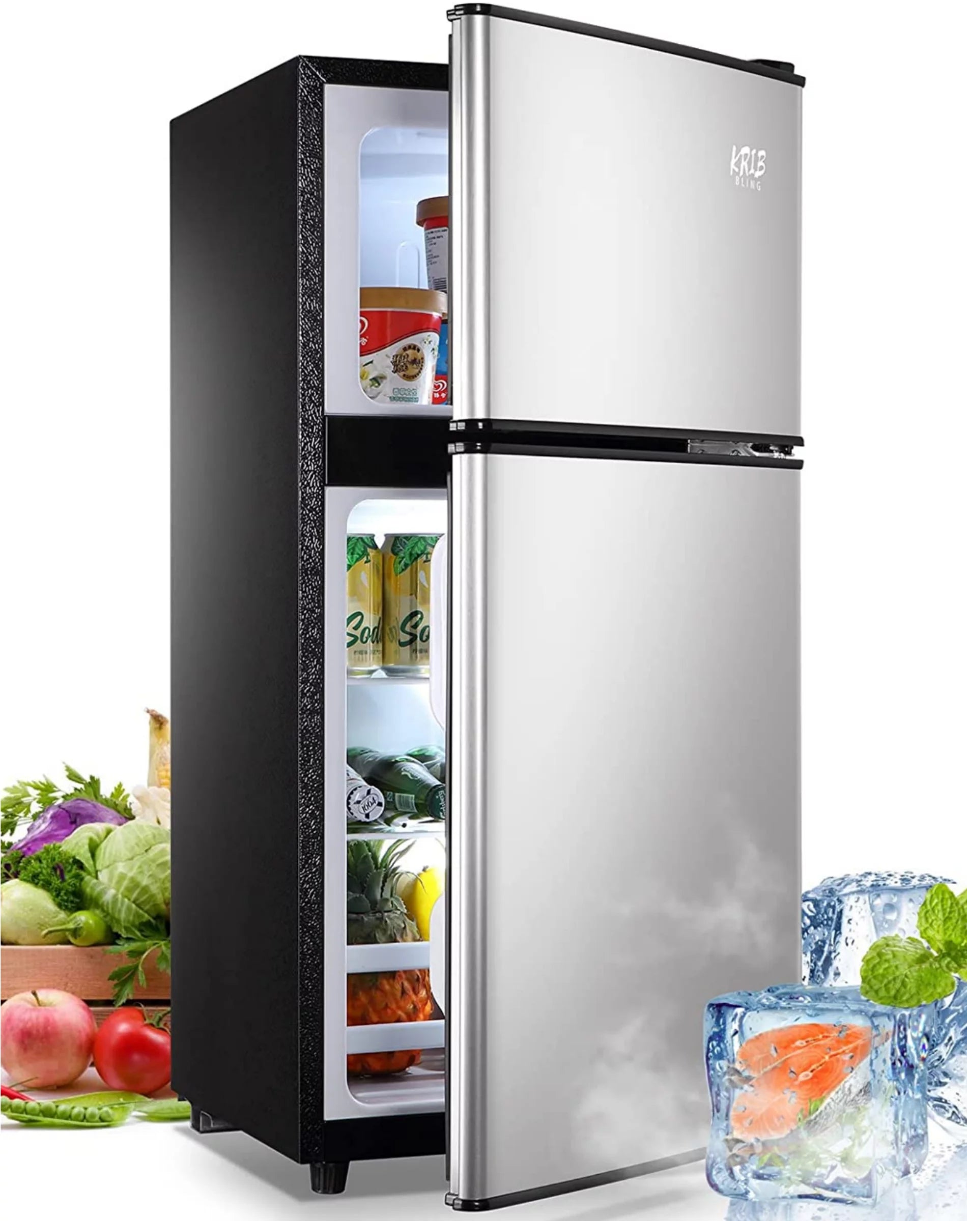 KRIB BLING 3.5 Cu.ft Compact Refrigerator Mini Fridge with Freezer, 2 Door Small Refrigerator for Office, Silver