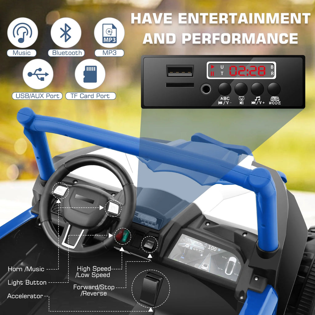 Funcid 4WD 24V Ride on Toys 2 XL Seater Kids Ride on Cars w/ Remote Control, 4*200W Motor, Electric Off-Road UTV 7AH Battery Powered 4-Wheeler Vehicle w/ Bluetooth, Music, 3-Speed, LED Light, Blue