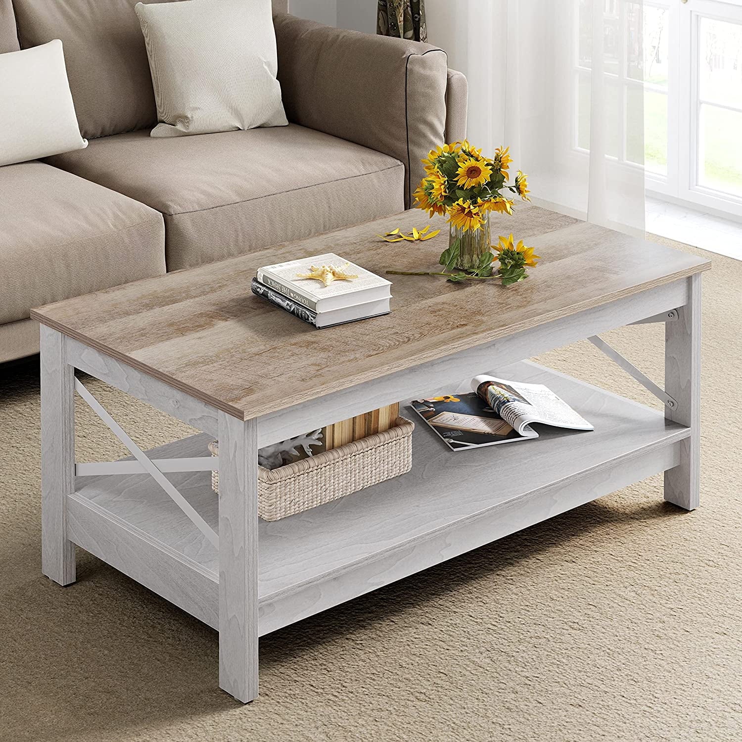 Dextrus Farmhouse Coffee Table 2-Tier Wood Center Table with Storage Shelf for Living Room, Gray, 39.7