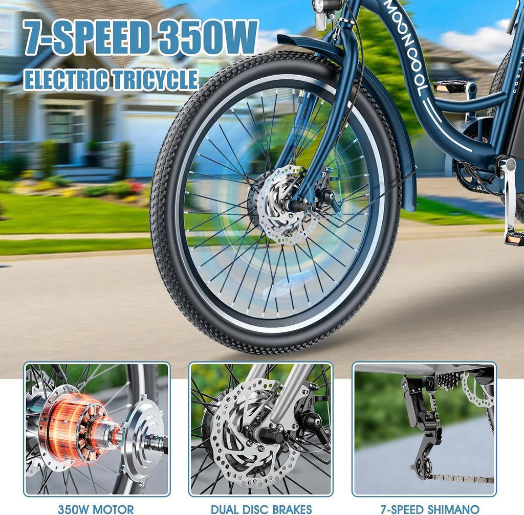 Mooncool 24" 26" 3 Wheel Electric Tricycle for Adults, 350W 36V 7 Speeds Motorized Electric Trike Three Wheel Electric Bikes Bicycle with Large Basket & Accessories for Women Men