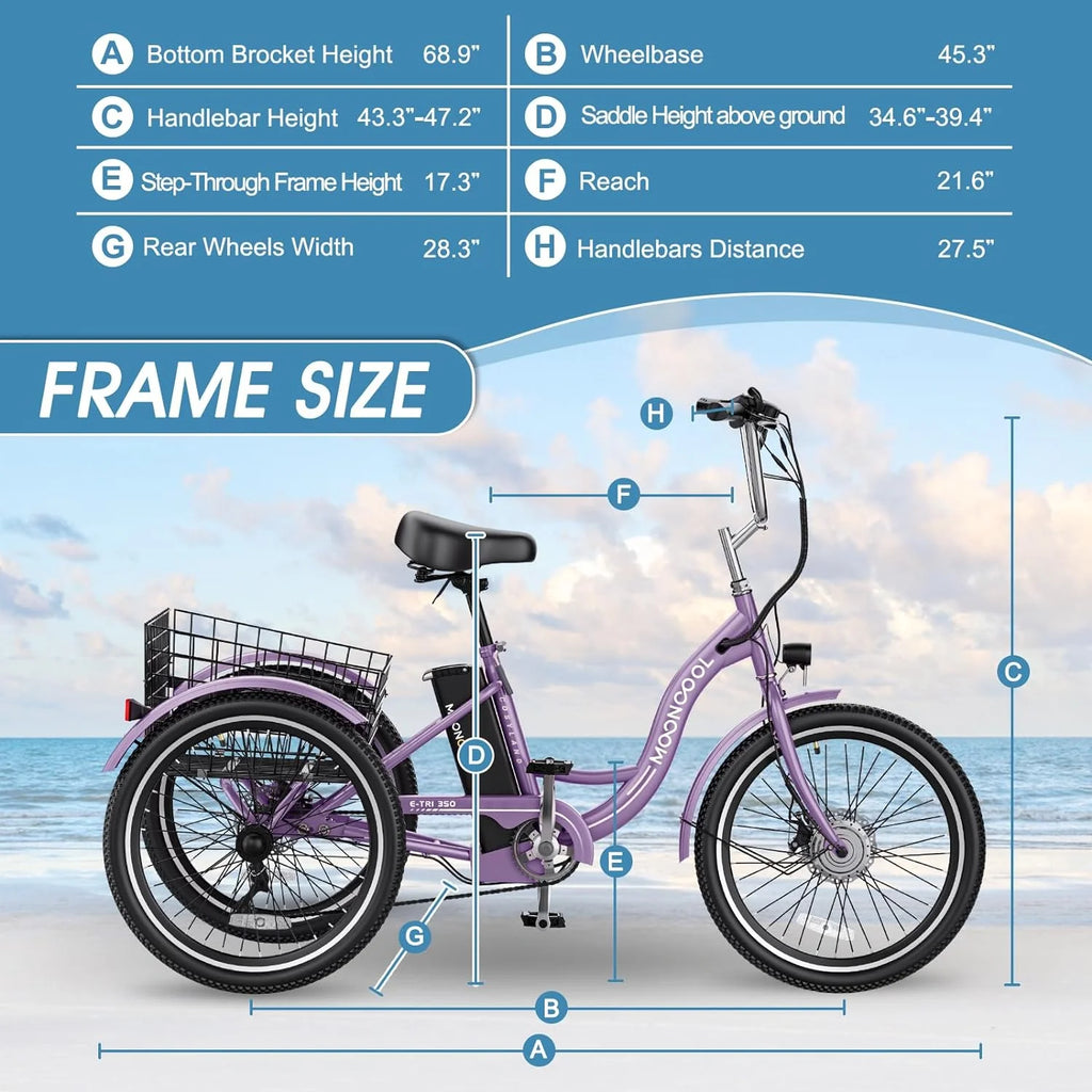 Mooncool 24" 26" 3 Wheel Electric Tricycle for Adults, 350W 36V 7 Speeds Motorized Electric Trike Three Wheel Electric Bikes Bicycle with Large Basket & Accessories for Women Men