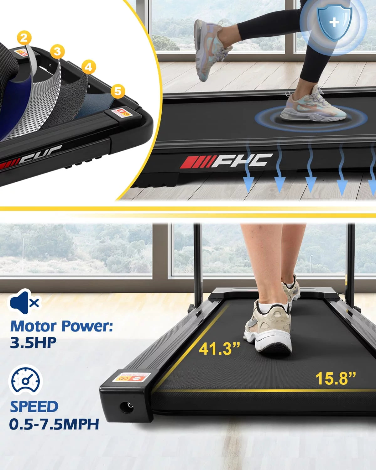 FYC 3.5HP Under Desk Treadmill - 300LBS Weight Capacity, 2-in-1 Foldable Design, Remote Control & LED Display - Compact Electric Walking and Running Machine for Walking, Running, Jogging (White)
