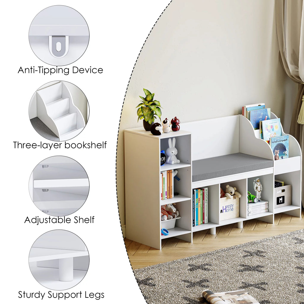 Homfa 31.5'' H x 54.5'' W Kids Bookshelf with Reading Nook, 2 Seats 7 Toy Shelves Wooden Kids Storage Organizer, White