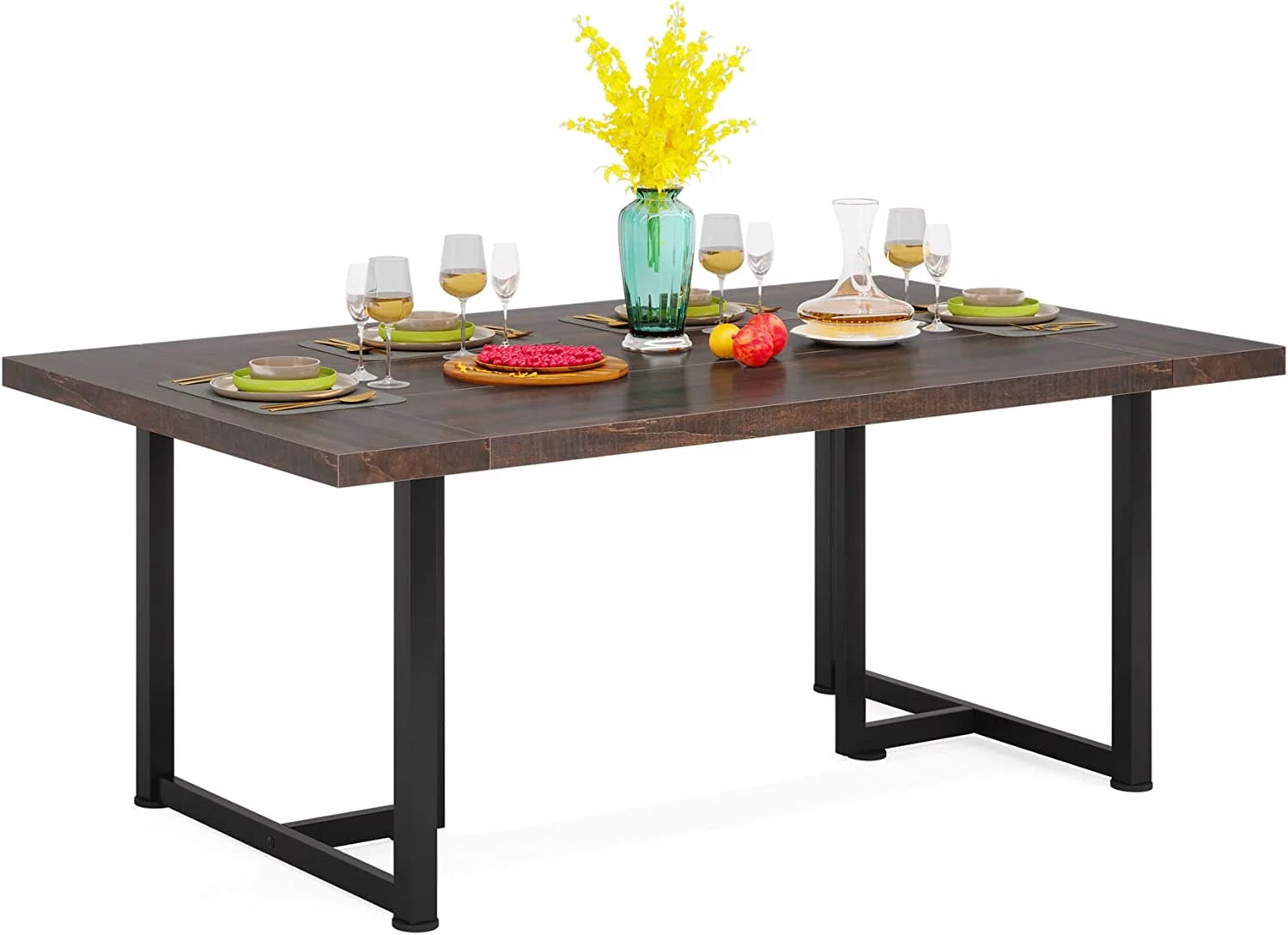 Tribesigns Dining Table Kitchen Table for 6, Rectangular Table with Metal Frame for Dining Room, Kitchen, Vintage Brown & Black