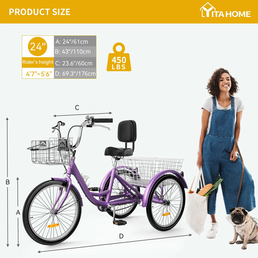 Dextrus Adult Tricycle, 24 Inch 3 Wheel Bikes, 1 Speed Trike Bike for Adults with Removable Baskets, Cruiser Bike for Seniors Women Men Shopping Picnic Outdoor Sports, Purple