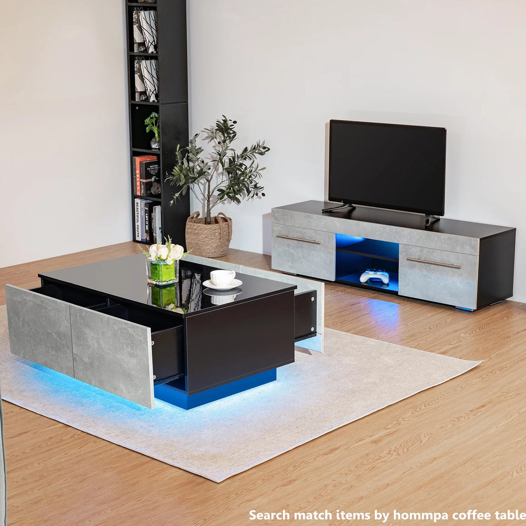 Hommpa Gray White High Gloss TV Stand for TVs up to 59 LED Entertainment Center Modern TV Cabinet with 2 Storage Drawers