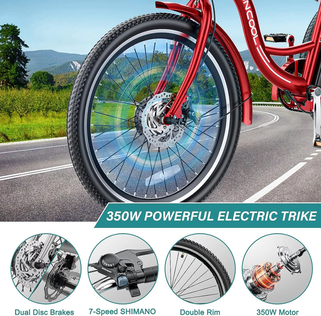 Ficisog 24" Adult Electric Tricycles, 350W 7-Speed Electric Tricycle with Removable Lithium Battery, Unisex 36V 14.5AH