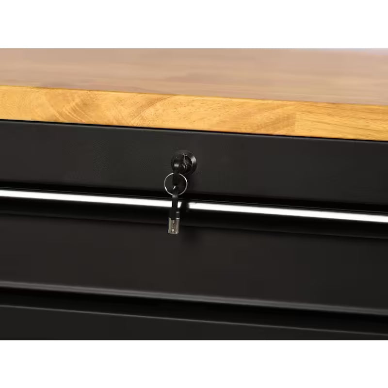 61 in. W x 23 in. D Heavy Duty 15-Drawer Mobile Workbench Tool Chest with Solid Wood Top in Matte Black