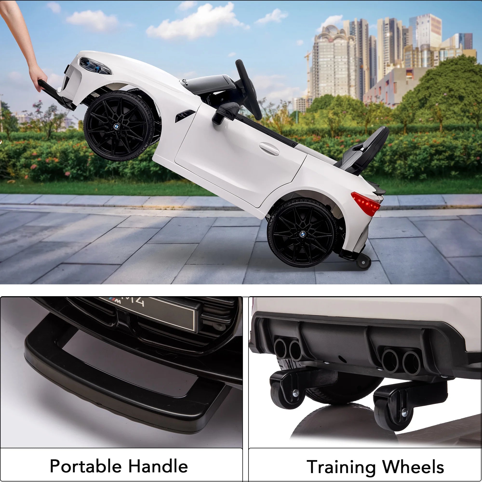 Track 7 12V Ride on Car, Licensed BMW M4 Electric Car, Kids Ride on Car with Remote Control, Bluetooth, Lights, Portable Handle, White
