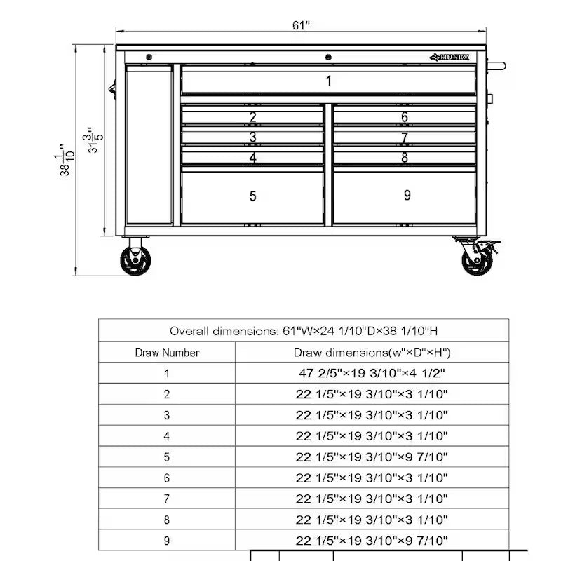 61 in. W x 24 in. D Standard Duty 10-Drawer Mobile Workbench Tool Chest with Sliding Bin Storage Drawer in Silver