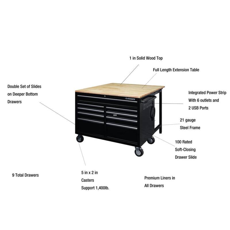 Tool Storage 46 in. W Standard Duty Black Mobile Workbench Cabinet with Solid Top Full Length Extension Table