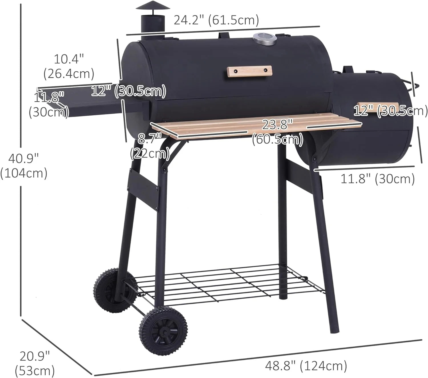 48" Portable Barrel Charcoal BBQ Grill, Steel Outdoor Barbecue Smoker with 232 Square Inches Cooking Space, Storage Shelf, Wheels for Garden Camping Picnic, Black