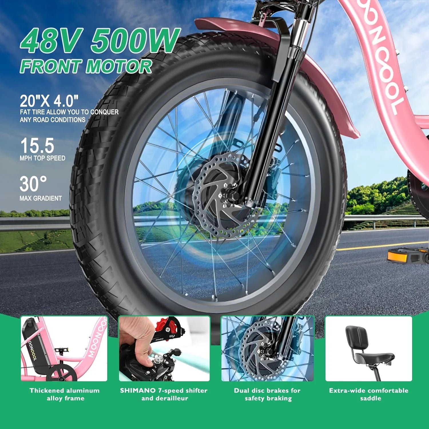 Mooncool 24" 26" 3 Wheel Electric Tricycle for Adults, 350W 36V 7 Speeds Motorized Electric Trike Three Wheel Electric Bikes Bicycle with Large Basket & Accessories for Women Men
