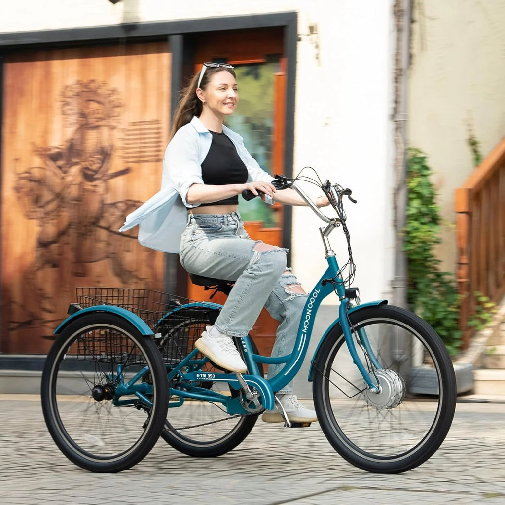 Mooncool 24" 26" 3 Wheel Electric Tricycle for Adults, 350W 36V 7 Speeds Motorized Electric Trike Three Wheel Electric Bikes Bicycle with Large Basket & Accessories for Women Men