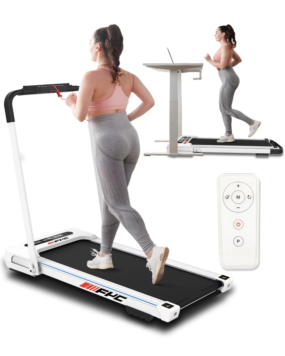 FYC 3.5HP Under Desk Treadmill - 300LBS Weight Capacity, 2-in-1 Foldable Design, Remote Control & LED Display - Compact Electric Walking and Running Machine for Walking, Running, Jogging (White)
