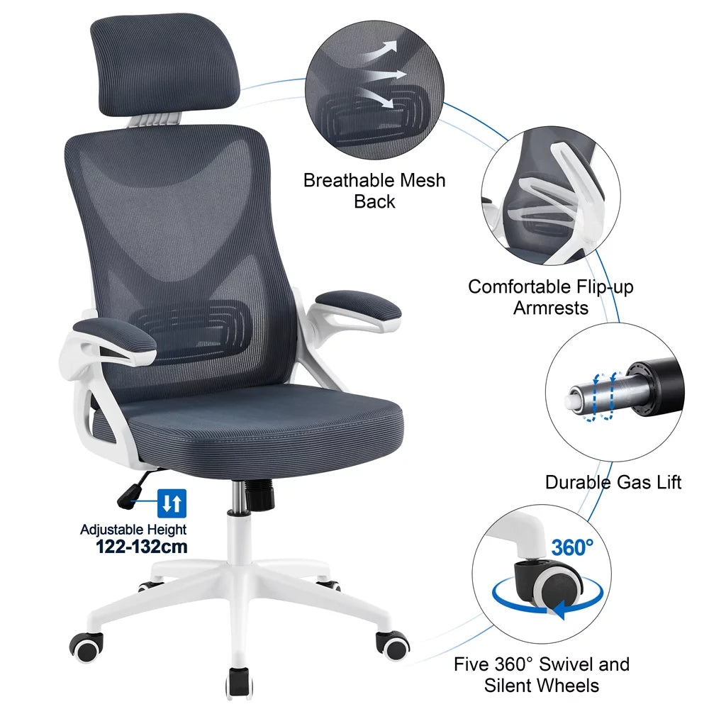 Topeakmart High Back Ergonomic Mesh Office Chair with 90° Flip-up Armrest, White/Black