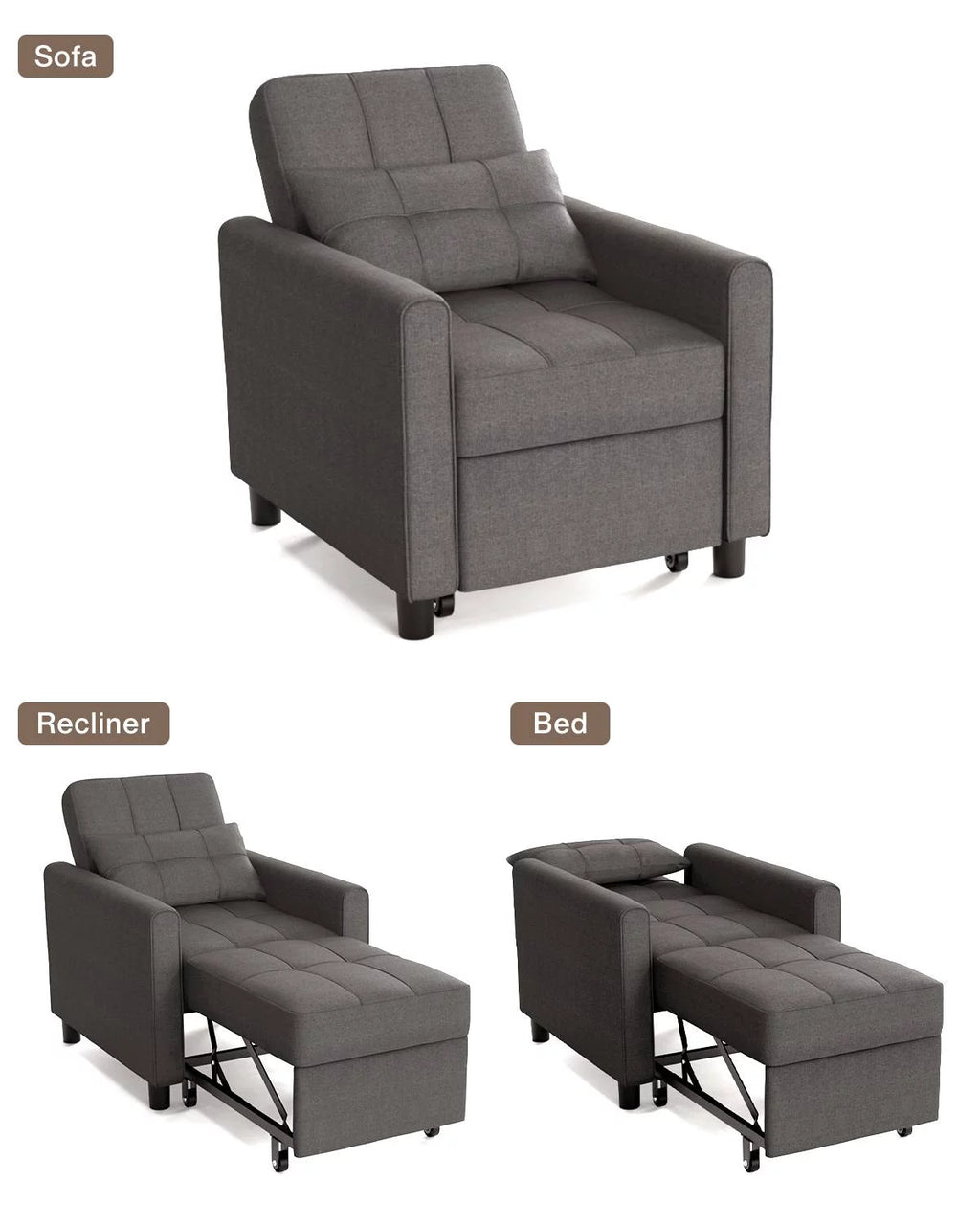 Sofa Beds Chair 3 in 1, Convertible Chair Single Bed,Dark Grey